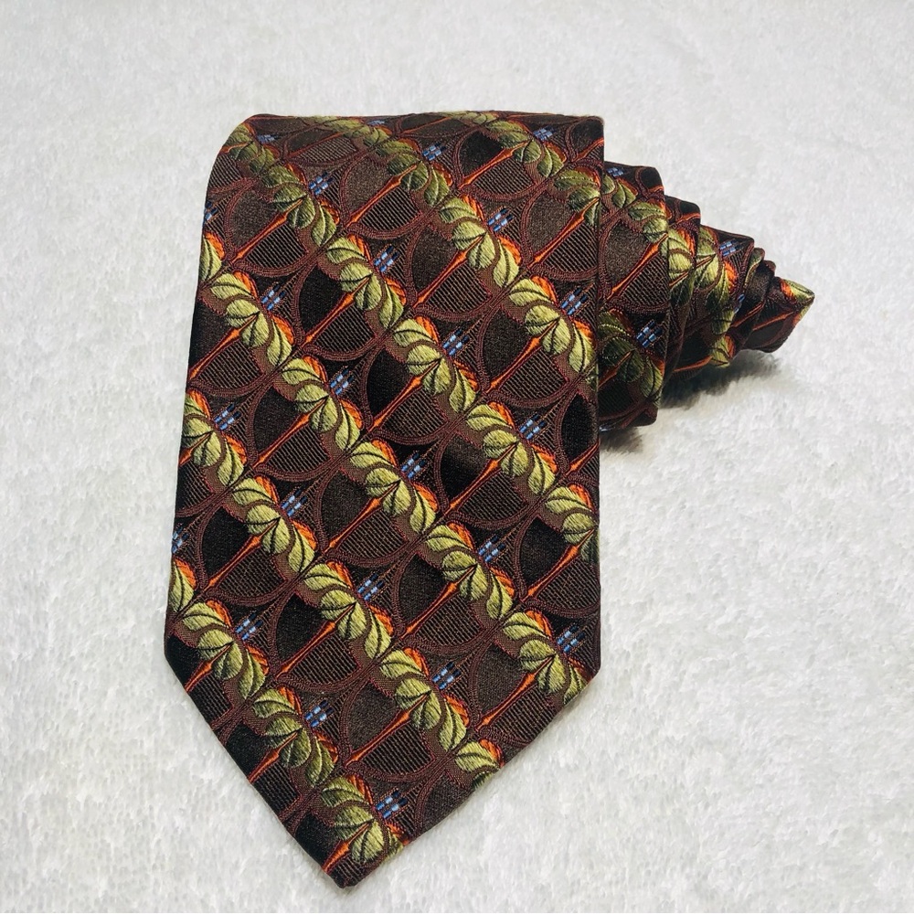 Ermenegildo Zegna Mens Tie Burgundy Gold Palm Tree Pattern Jacquard Ribbed Silk
